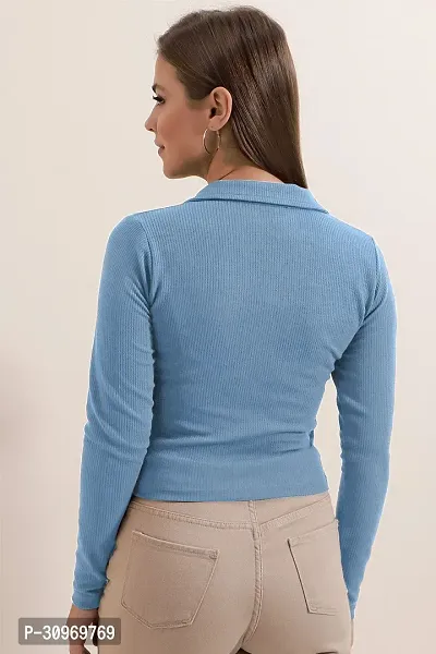 Elegant Blue Polyester Solid Top For Women-thumb3