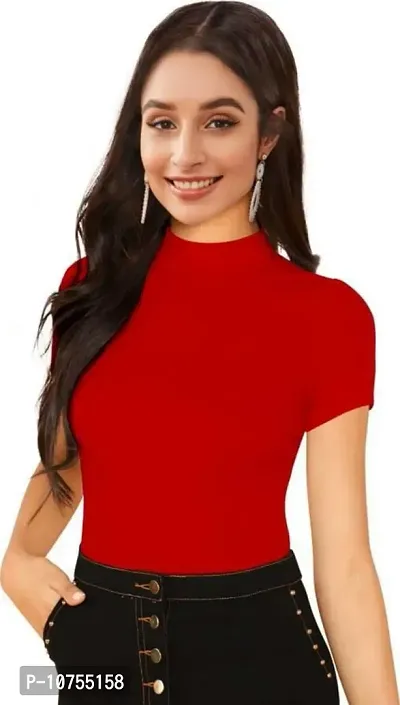 Stylish Solid Red Polyester Spandex Round Neck Tees For Women-thumb0