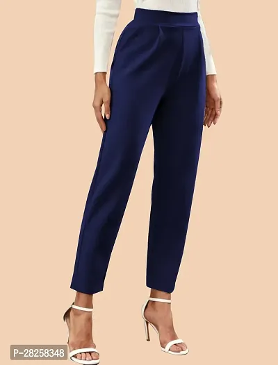 Stylish Navy Blue Polyester Solid Regular Fit Trousers For Women-thumb4