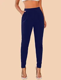 Elegant Navy Blue Polyester Solid Trousers For Women-thumb1