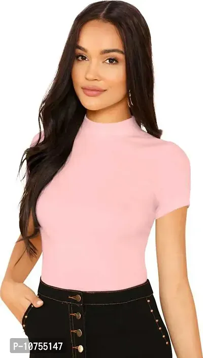 Stylish Solid Peach Polyester Spandex Round Neck Tees For Women-thumb0