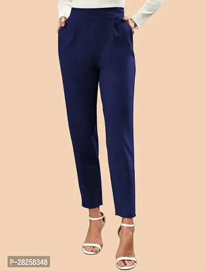 Stylish Navy Blue Polyester Solid Regular Fit Trousers For Women-thumb0