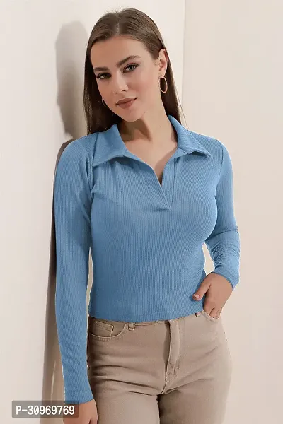 Elegant Blue Polyester Solid Top For Women-thumb4