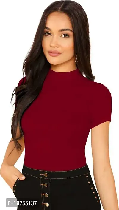 Stylish Solid Maroon Polyester Spandex Round Neck Tees For Women-thumb0