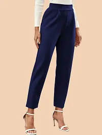 Elegant Navy Blue Polyester Solid Trousers For Women-thumb3