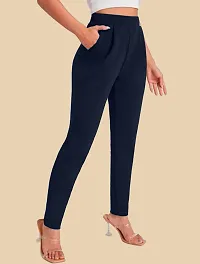 Elegant Navy Blue Polyester Solid Trousers For Women-thumb4