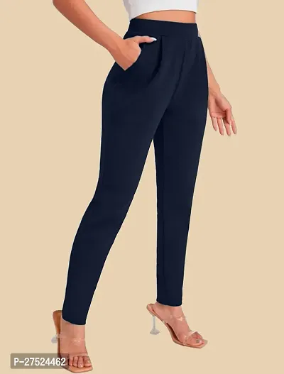 Elegant Navy Blue Polyester Solid Trousers For Women-thumb5