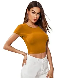 Maheshvi Dream Beauty Fashion Casual Short Sleeves Ribbed Round Neck Polyster Blend Crop Top (17 Inches) Yellow -L-thumb1
