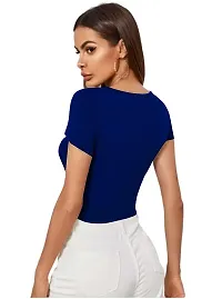 Maheshvi Dream Beauty Fashion Casual Short Sleeves Ribbed Round Neck Polyster Blend Crop Top (17 Inches) Royal Blue -L-thumb2