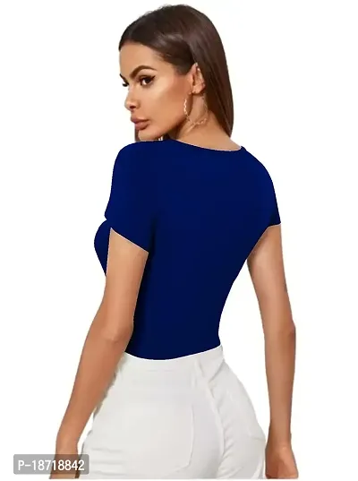 Maheshvi Dream Beauty Fashion Casual Short Sleeves Ribbed Round Neck Polyster Blend Crop Top (17 Inches) Royal Blue -L-thumb3