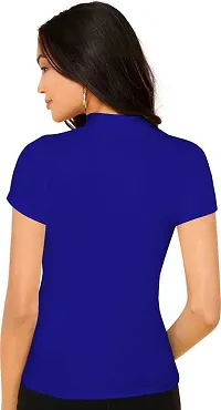 Stylish Solid Blue Polyester Spandex Round Neck Tees For Women-thumb2