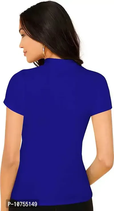 Stylish Solid Blue Polyester Spandex Round Neck Tees For Women-thumb3