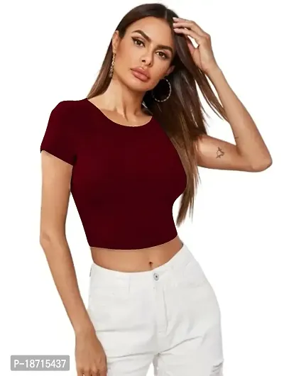 Maheshvi Ribbed Round Neck Polyester Blend Stylish Crop Tee (17 Inches)