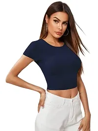 Maheshvi Dream Beauty Fashion Casual Short Sleeves Ribbed Round Neck Polyster Blend Crop Top (17 Inches) N.Blue -S-thumb1