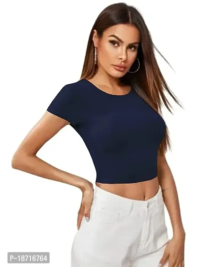 Maheshvi Dream Beauty Fashion Casual Short Sleeves Ribbed Round Neck Polyster Blend Crop Top (17 Inches) N.Blue -S-thumb2