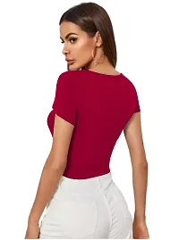 Maheshvi Dream Beauty Fashion Casual Short Sleeves Ribbed Round Neck Polyster Blend Crop Top (17 Inches) Rani -M-thumb2