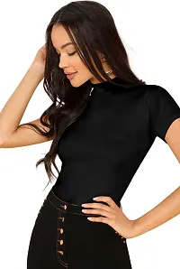 Stylish Solid Black Polyester Spandex Round Neck Tees For Women-thumb1