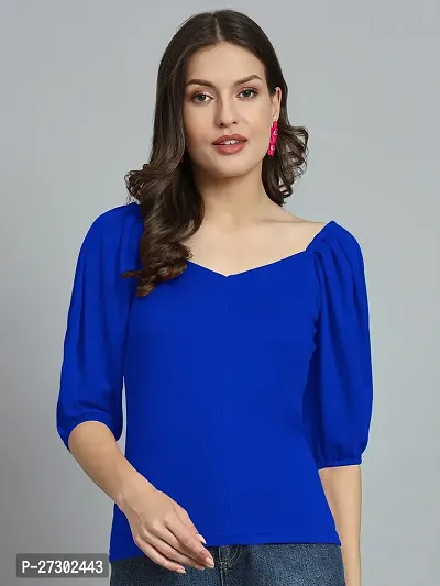 Elegant Blue Polyester Solid Top For Women
