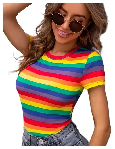 Maheshvi Women Fashion Rainbow Striped Round Neck Tee- (Rainbow)