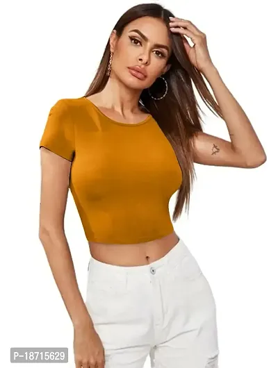 Maheshvi Dream Beauty Fashion Casual Short Sleeves Ribbed Round Neck Polyster Blend Crop Top (17 Inches) Yellow -L