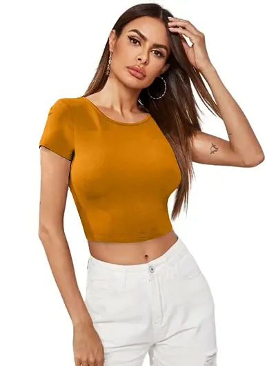 Maheshvi Dream Beauty Fashion Casual Short Sleeves Ribbed Round Neck Polyster Blend Crop Top (17"" Inches)