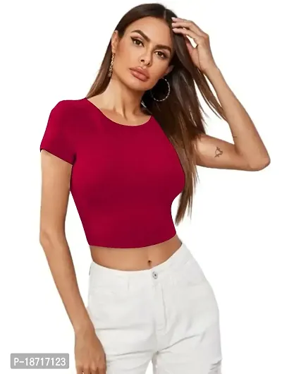 Maheshvi Dream Beauty Fashion Casual Short Sleeves Ribbed Round Neck Polyster Blend Crop Top (17 Inches) Rani -M