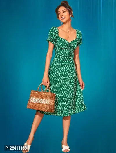 Stylish Green Polyester Printed Fit And Flare Dress For Women-thumb0