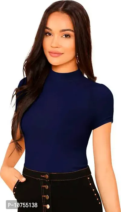 Stylish Solid Navy Blue Polyester Spandex Round Neck Tees For Women-thumb0