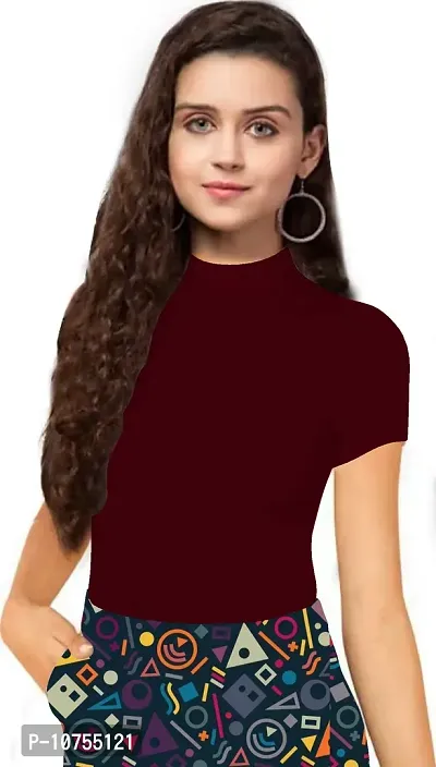 Stylish Solid Maroon Polyester Spandex Round Neck Tees For Women