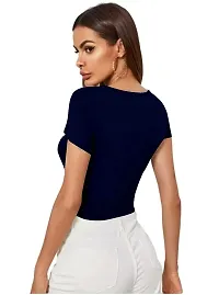 Maheshvi Dream Beauty Fashion Casual Short Sleeves Ribbed Round Neck Polyster Blend Crop Top (17 Inches) N.Blue -S-thumb2