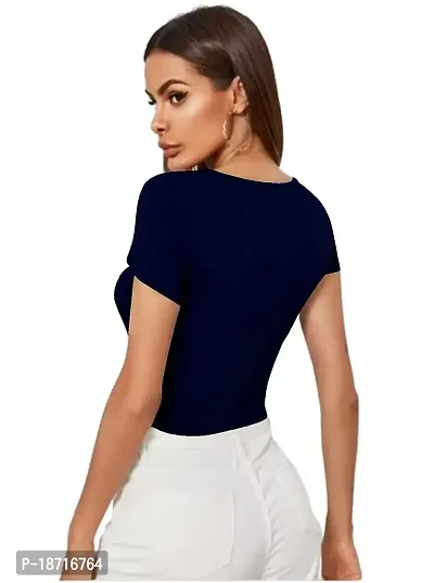 Maheshvi Dream Beauty Fashion Casual Short Sleeves Ribbed Round Neck Polyster Blend Crop Top (17 Inches) N.Blue -S-thumb3