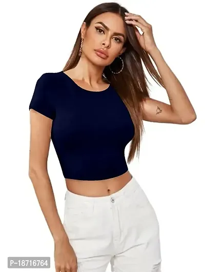 Maheshvi Dream Beauty Fashion Casual Short Sleeves Ribbed Round Neck Polyster Blend Crop Top (17 Inches) N.Blue -S-thumb0