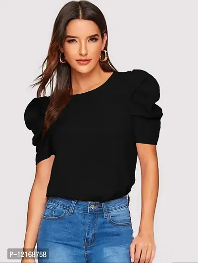Casual Polyester Blend Round Neck Puff Sleeves Stylish Top (23Inches)-thumb0