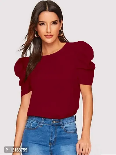 Casual Polyester Blend Round Neck Puff Sleeves Stylish Top (23Inches)-thumb0