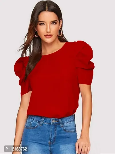 Casual Polyester Blend Round Neck Puff Sleeves Stylish Top (23Inches)