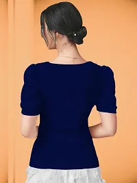 Casual Polyester Blend Puff Sleeves Asymmrtrical Neck Navy Blue Stylish Top (23Inches)-thumb2