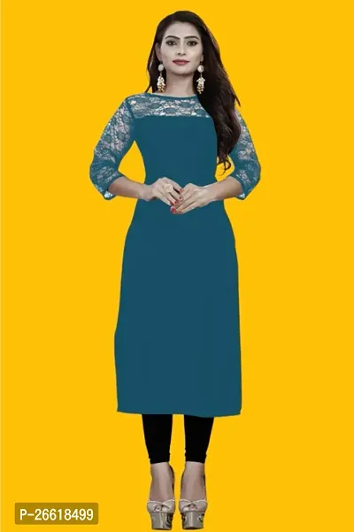 Casual Polyester Blend Boat Neck 3/4 Sleeves Stylish Turquise Kurti