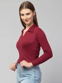 Casual Polyester Blend Ribbed Collared V-Neck Regular Long Sleeves Maroon Stylish Top (20 inches)-thumb1