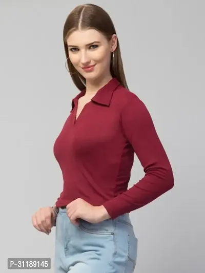 Casual Polyester Blend Ribbed Collared V-Neck Regular Long Sleeves Maroon Stylish Top (20 inches)-thumb4