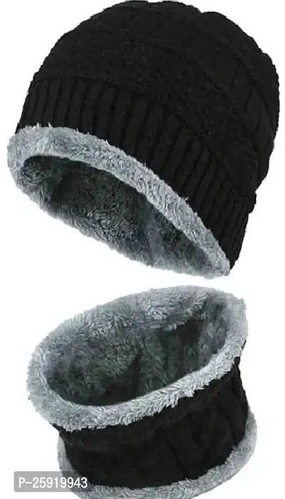 Woolen Beanie Cap Plus Neck Warmer Muffler Scarf Set For Men-thumb0