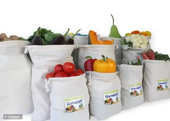 Ganapati Cotton Fridge Vegetable  Fruit Storage Bag with String (Pack of 10) Eco-friendly Multipurpose Organizer.-thumb0