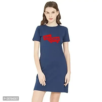 Stylish Navy Blue Cotton Blend Printed T-shirt Dress For Women-thumb0