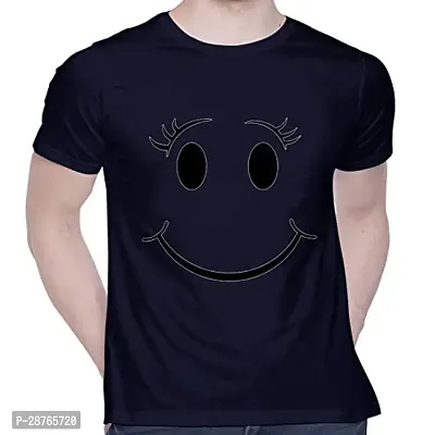 Stylish Navy Blue Cotton Printed Round Neck T-Shirt For Men-thumb0