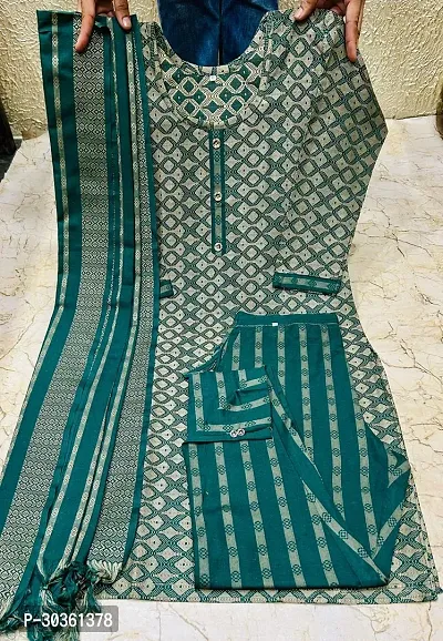 Stylish Green Khadi Cotton Printed Kurta With Pant And Dupatta Set For Women-thumb0