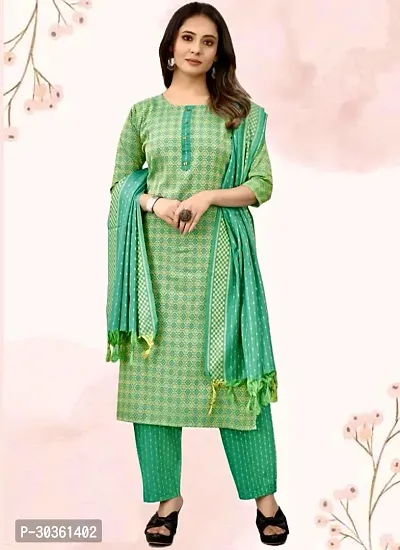 Stylish Green Khadi Cotton Printed Kurta With Pant And Dupatta Set For Women-thumb0