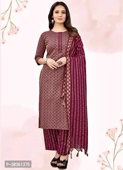 Stylish Maroon Khadi Cotton Printed Kurta With Pant And Dupatta Set For Women-thumb0