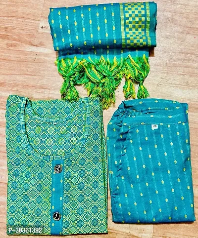 Stylish Green Khadi Cotton Printed Kurta With Pant And Dupatta Set For Women-thumb0