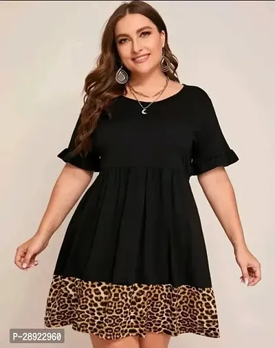 Global Queen Contrast Leopard Flounce Sleeve Smock Dress