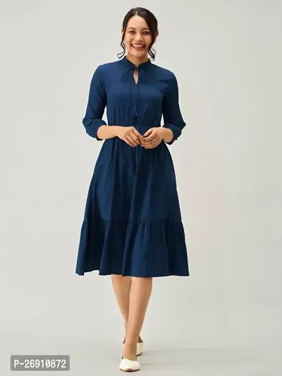 Stylish Blue Cotton Solid Fit And Flare Dress For Women