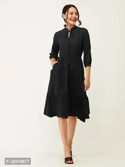 Stylish Black Cotton Solid Fit And Flare Dress For Women-thumb0